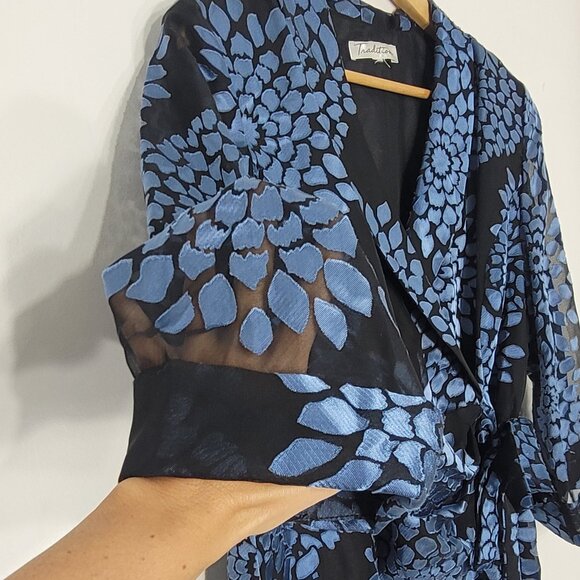Tradition Black Blue Floral Sheer Tie Wrap Front Lightweight Blazer Cocktail - Picture 4 of 11